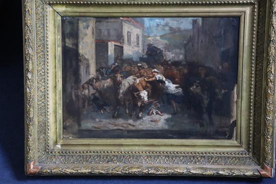 Constant Troyon (1810-1865) Woman saving her child from stampeding cattle 12 x 17.25in.